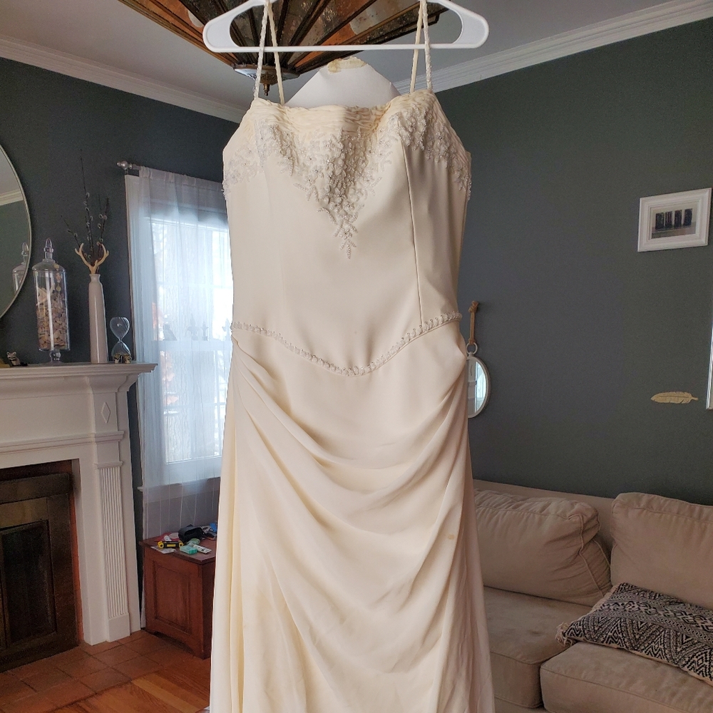 Rena Koh Ivory Strapless Basque Waist Draped Beaded Wedding Gown
